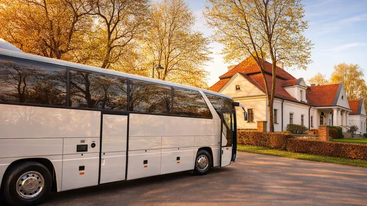 Biały autokar Piotr-trans czekający na dzieci pod zabytkowym dworkiem podczas wycieczki szkolnej